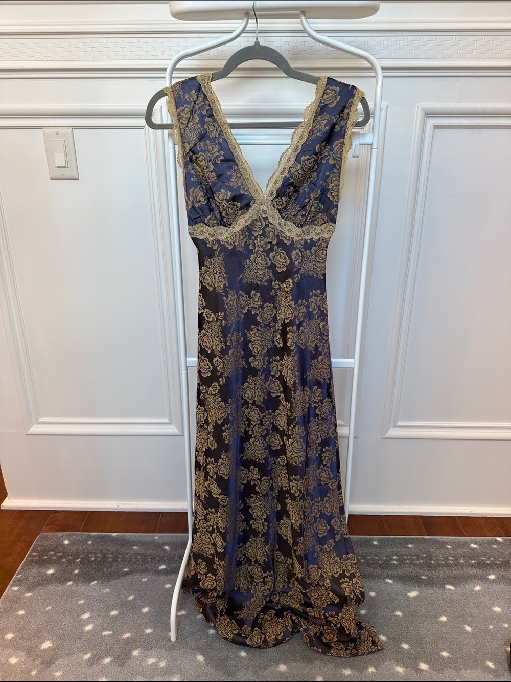 Sincerely Jules Viral Maxi Slip Dress with Gold Floral Lace